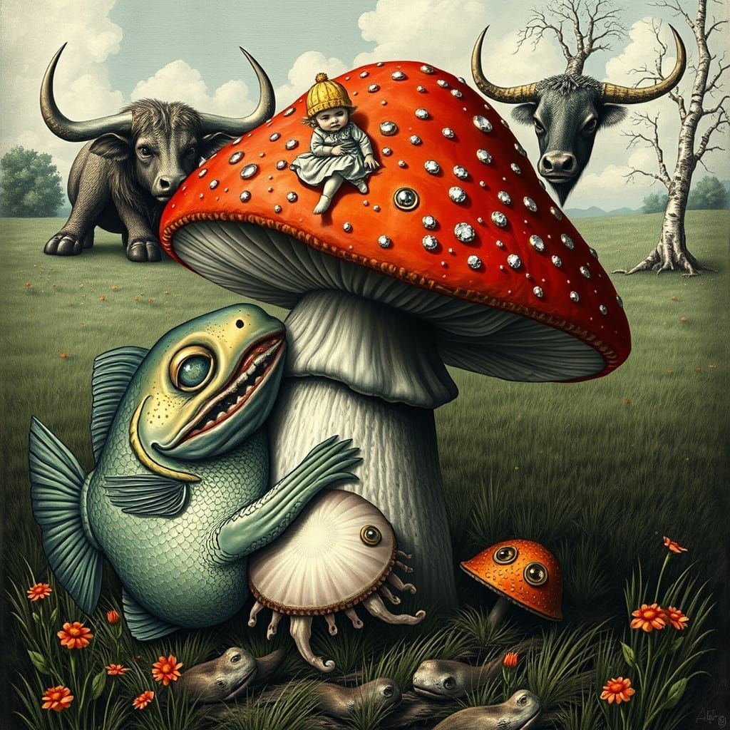 Grotesque Fish, Jellyfish, and Child in Dürer-Style Meadow