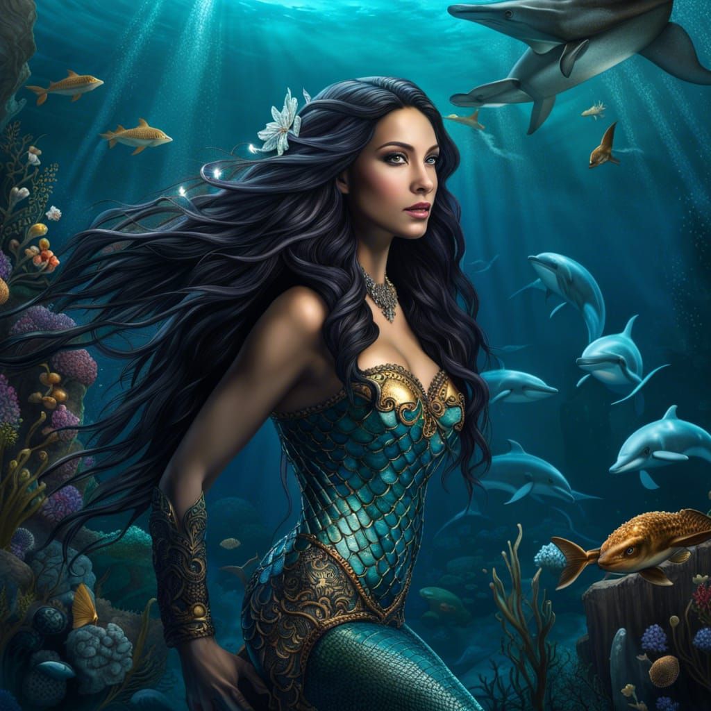 Hyperrealistic Mermaid with Dolphins in Sunken Ship