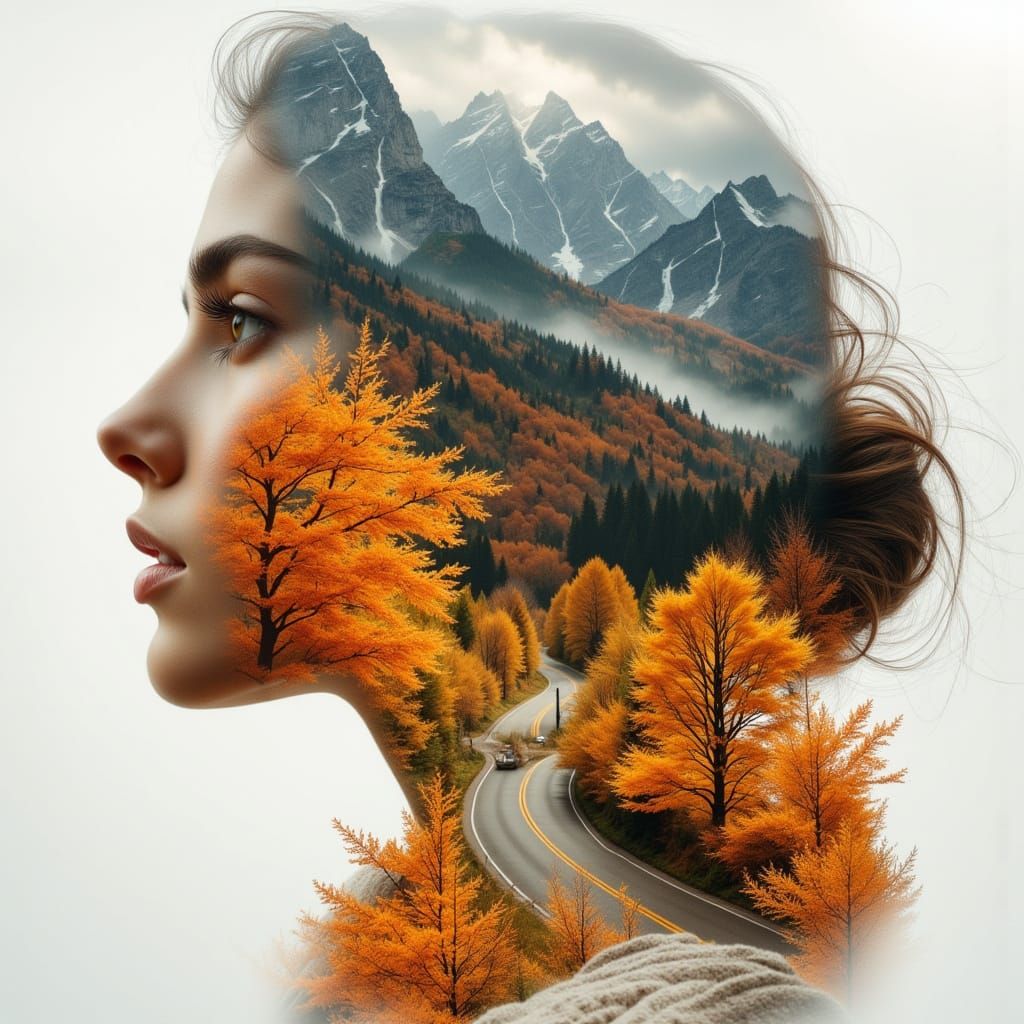 Autumnal Double Exposure Landscape as Oil Impression