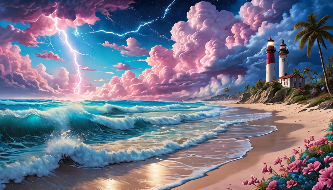 Colorful Lightning Strikes Beach Under Cotton Candy Sky