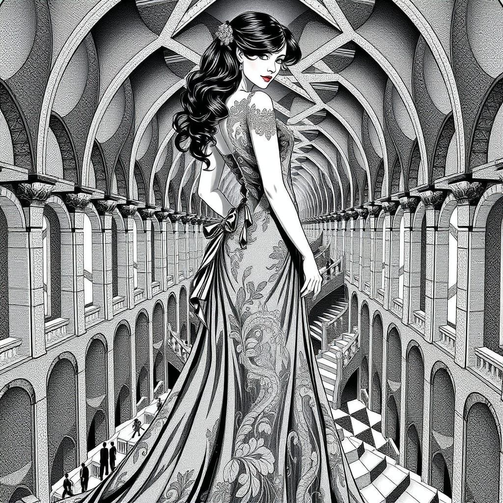 Woman in Elegant, Geometric Gown with Impossible Architectur...
