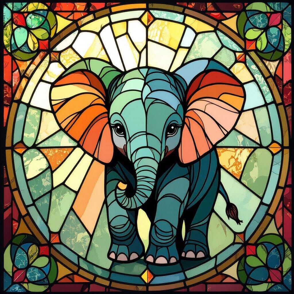 Whimsical Stained Glass Baby Elephant in Jewel Tones