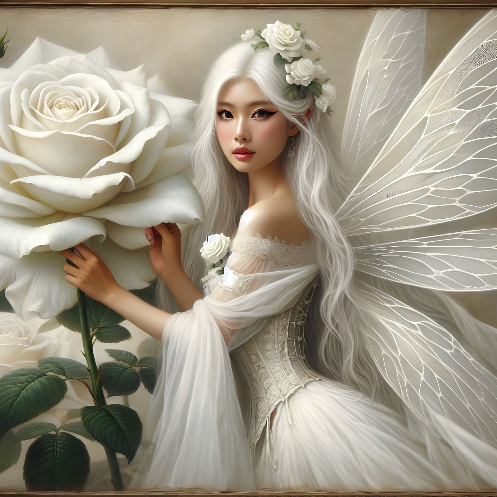 East Asian Fairy on White Rose, Romantic Oil Painting