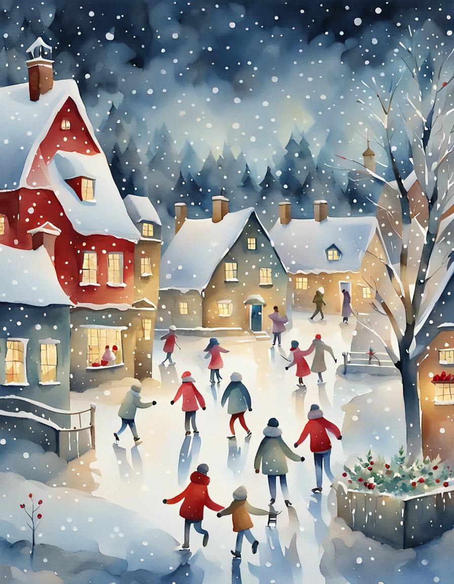 Surreal Watercolor Winter Wonderland Scene