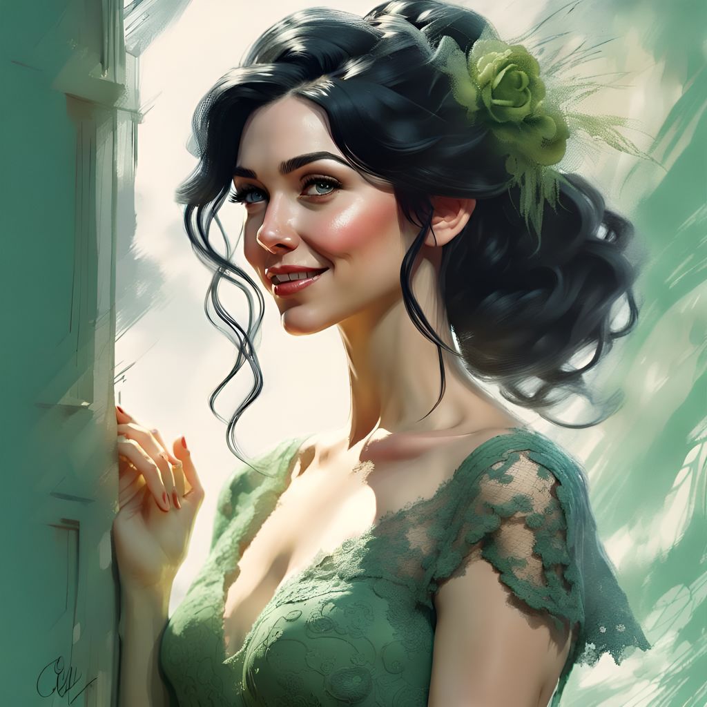 Bride in Lacy Green Dress: 3D Digital Art