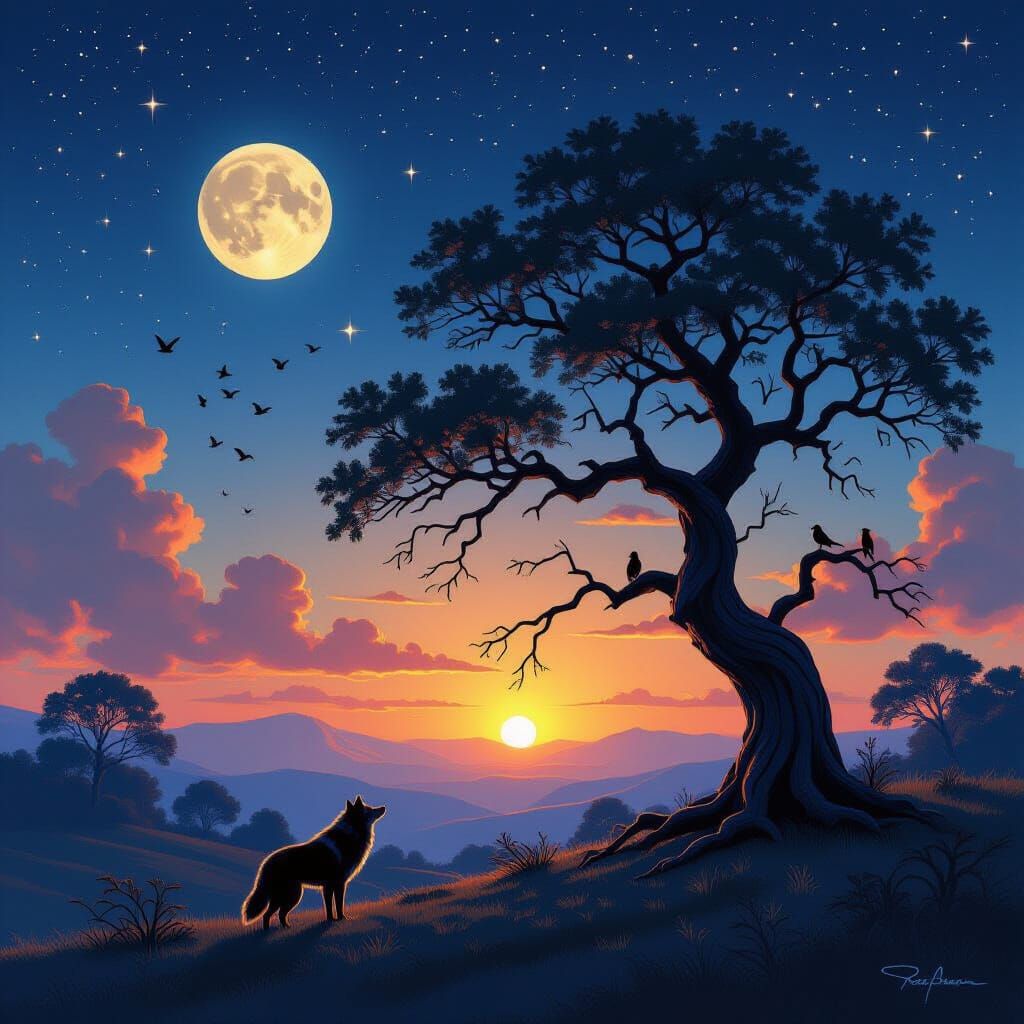 Ethereal Nightfall Landscape with Howling Wolf and Celestial...