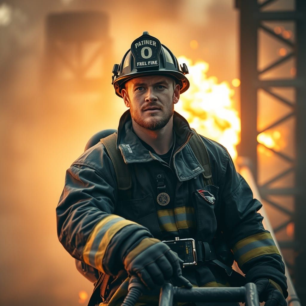 Intense Firefighter Ascends High-Rise Ladder in Cinematic St...