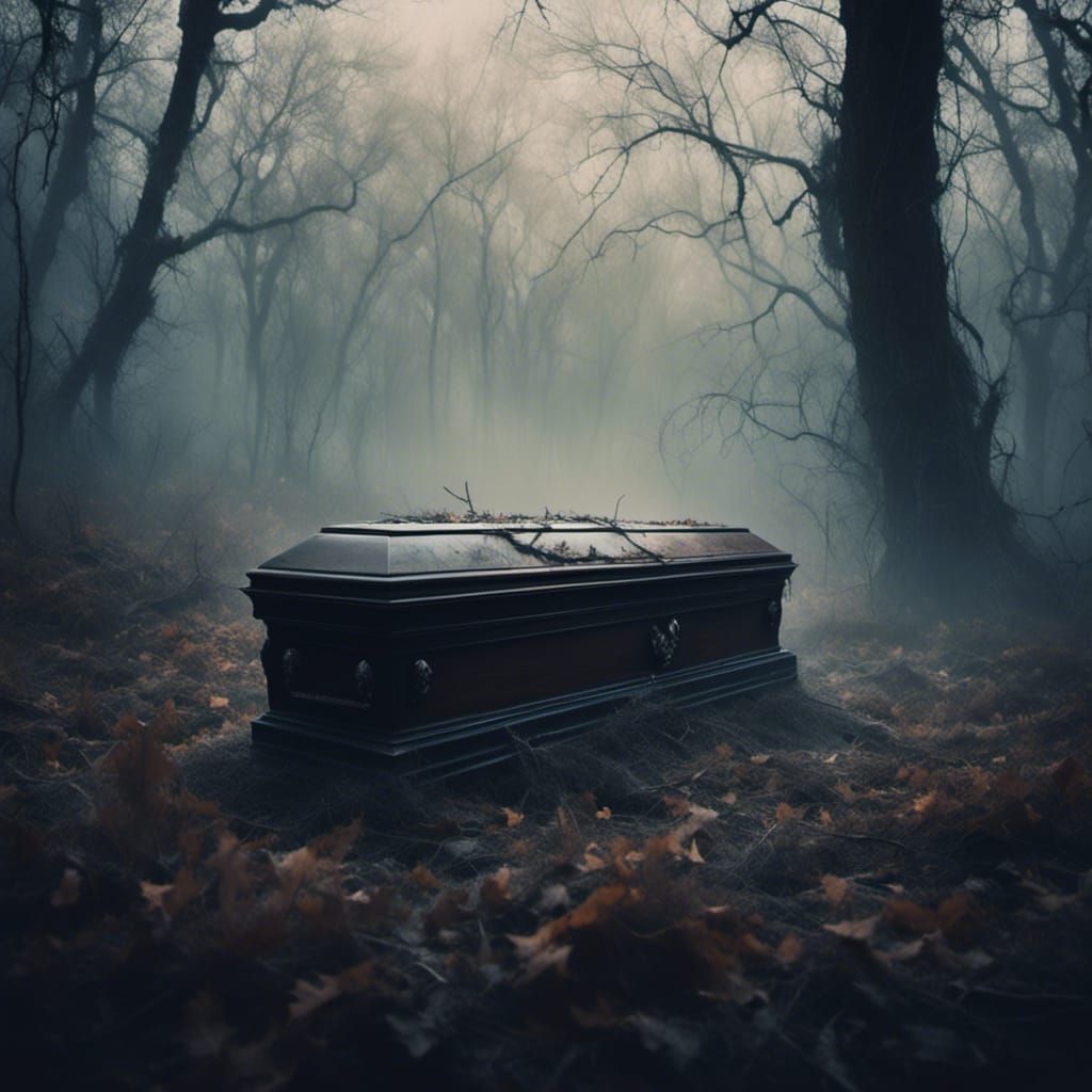 Coffin in the middle of a foggy Forest composite photograph liminal liminal space light dust thunderstorm tornadic twili...