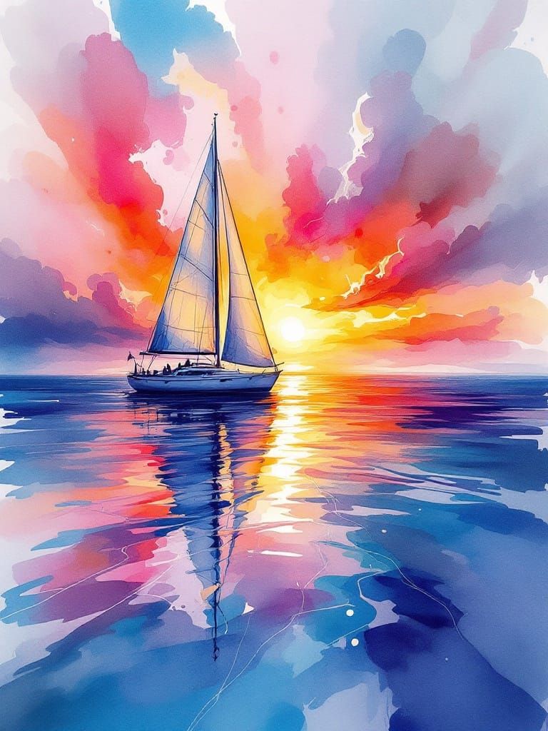 Ethereal Watercolor Seascape with Radiant Sunset