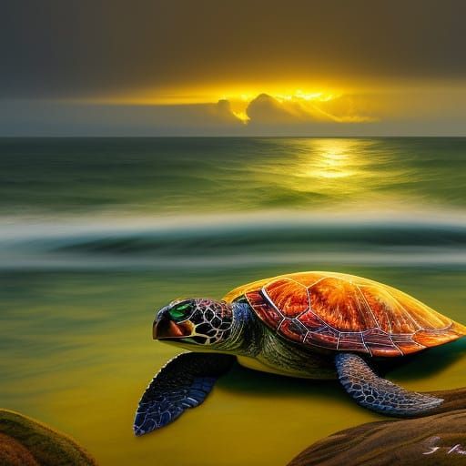 Golden Sea Turtle in Fantasy Seascape