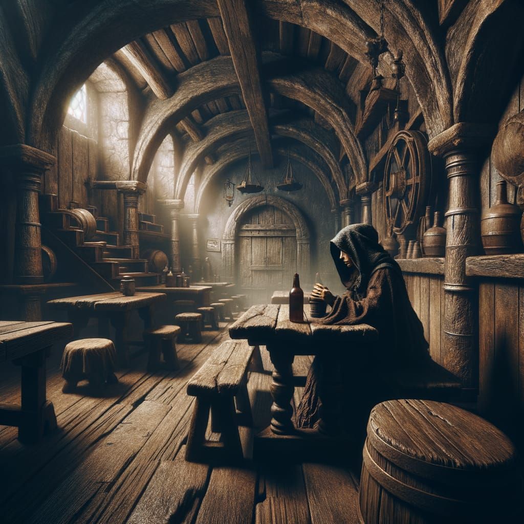 Gothic Fantasy Tavern on Floating Island with Mysterious Wom...