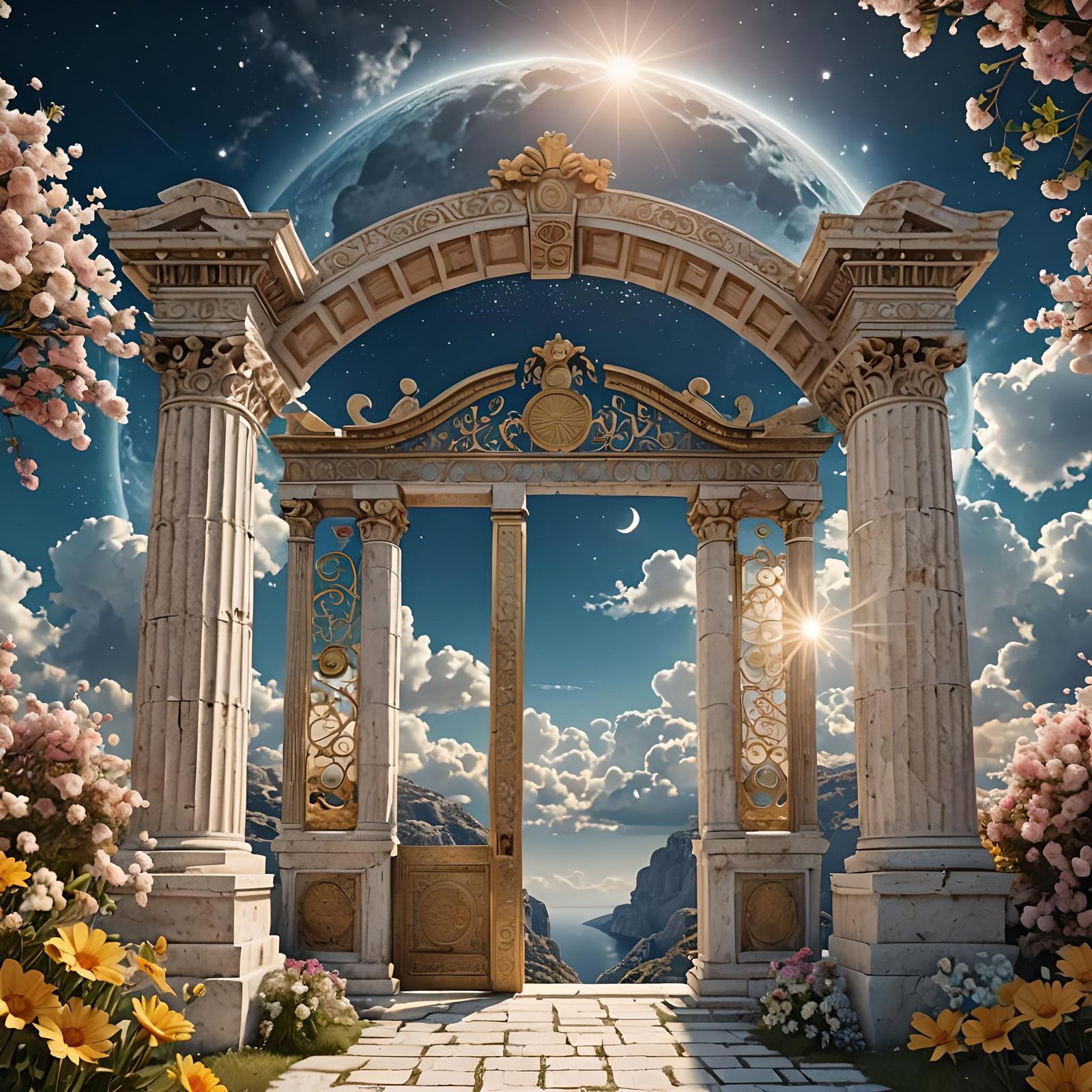 Celestial Gates to Heaven with Moon and Sun