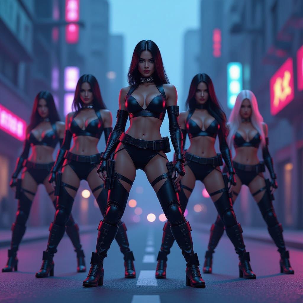Futuristic Warrior Women in Neon Cityscape