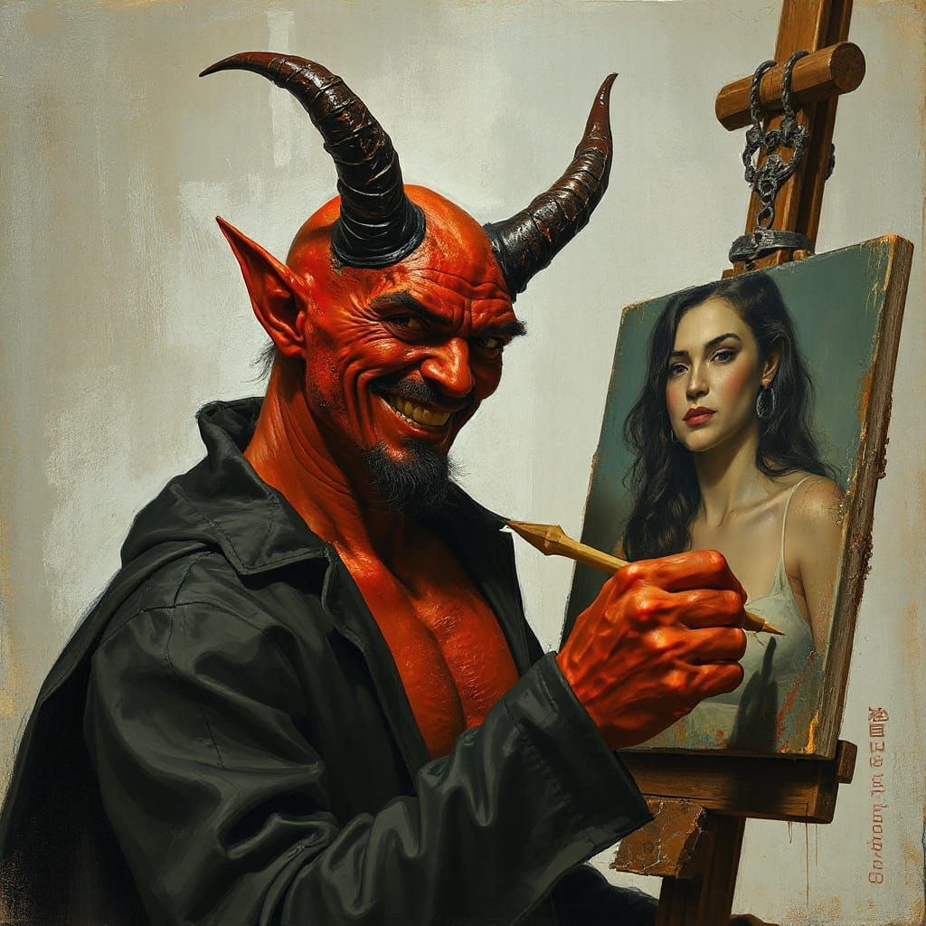Sinister Devilish Painter Creates Woman's Portrait