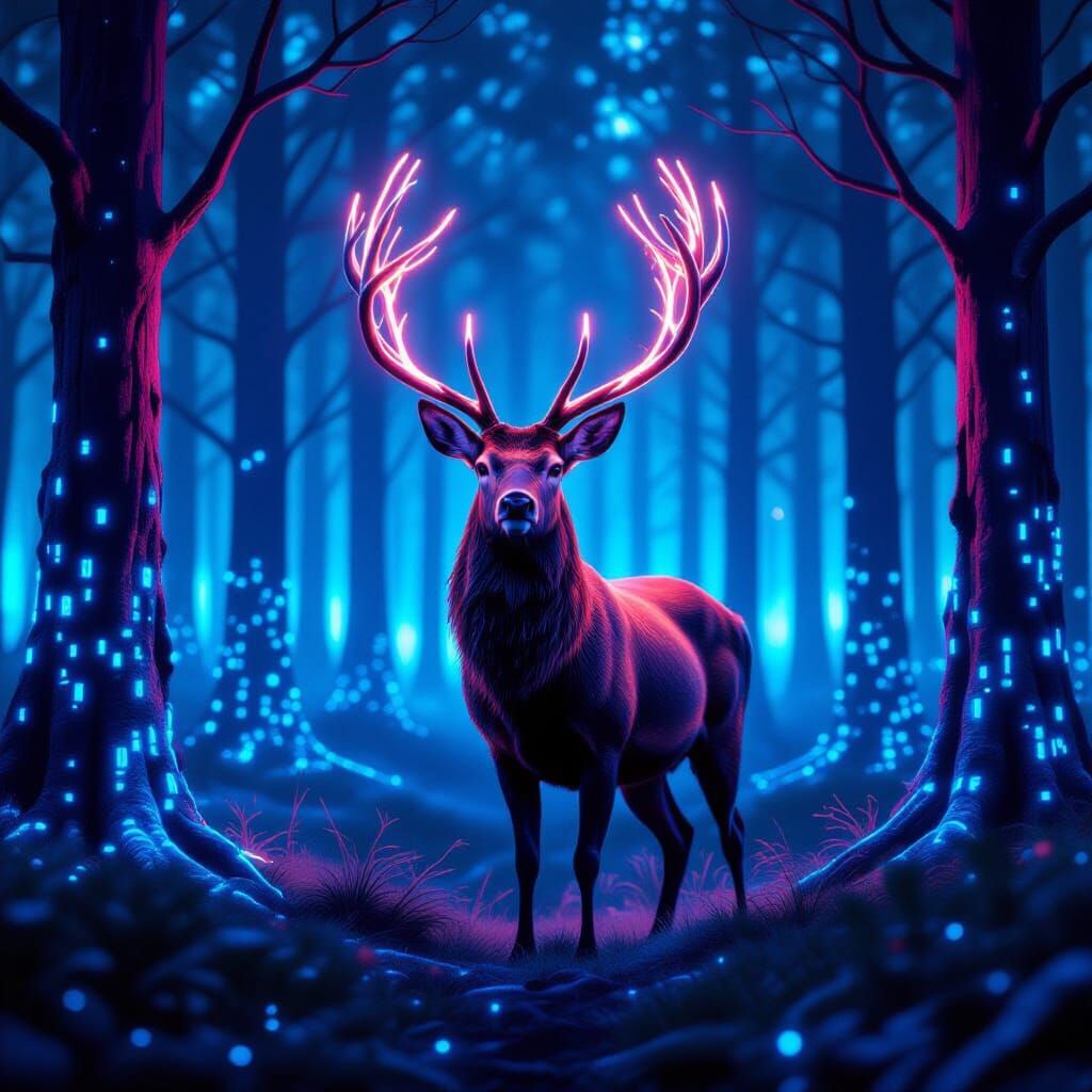 Majestic Stag with Neon Antlers in Digital Forest