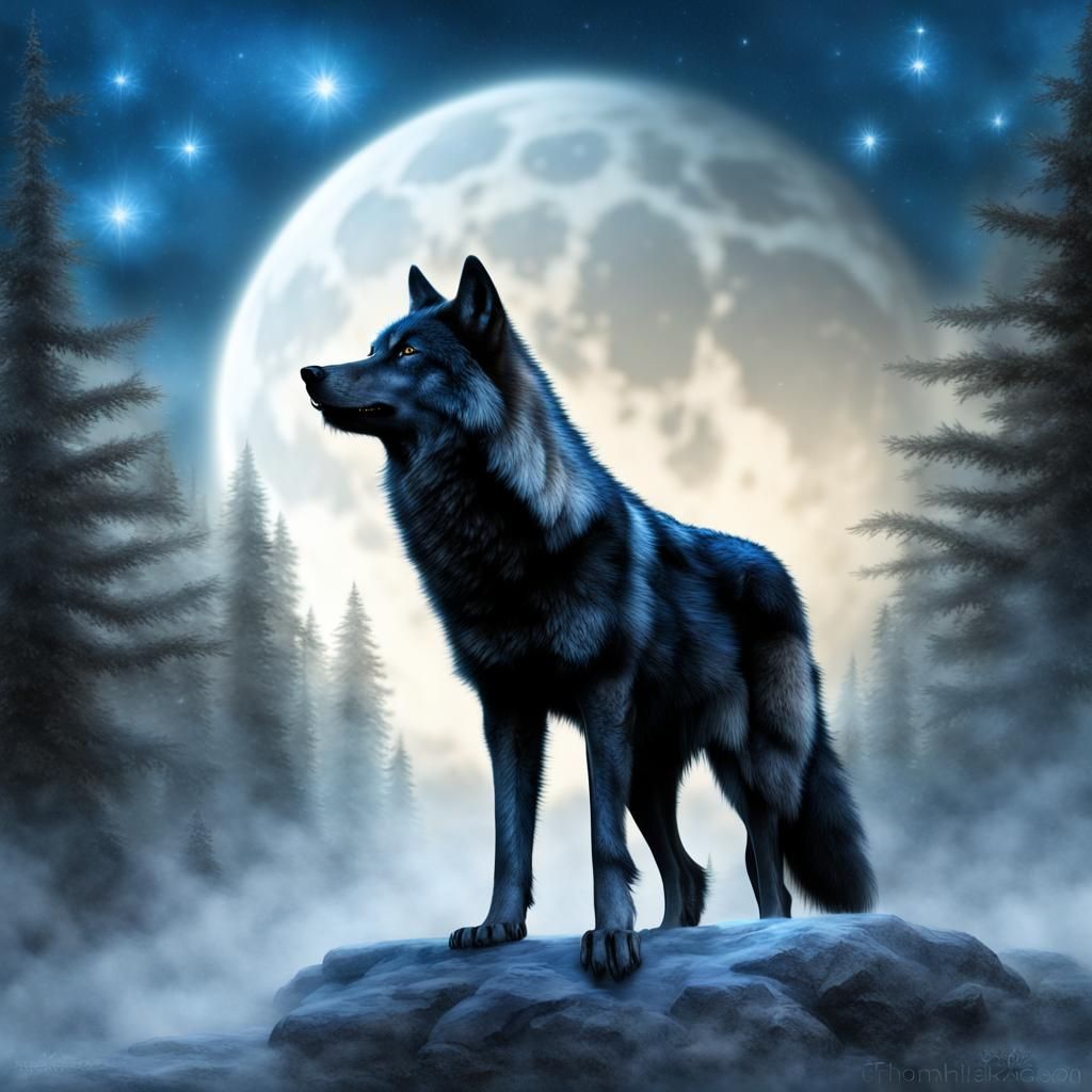 Majestic Black Wolf Under Moonlight in Fantasy Style