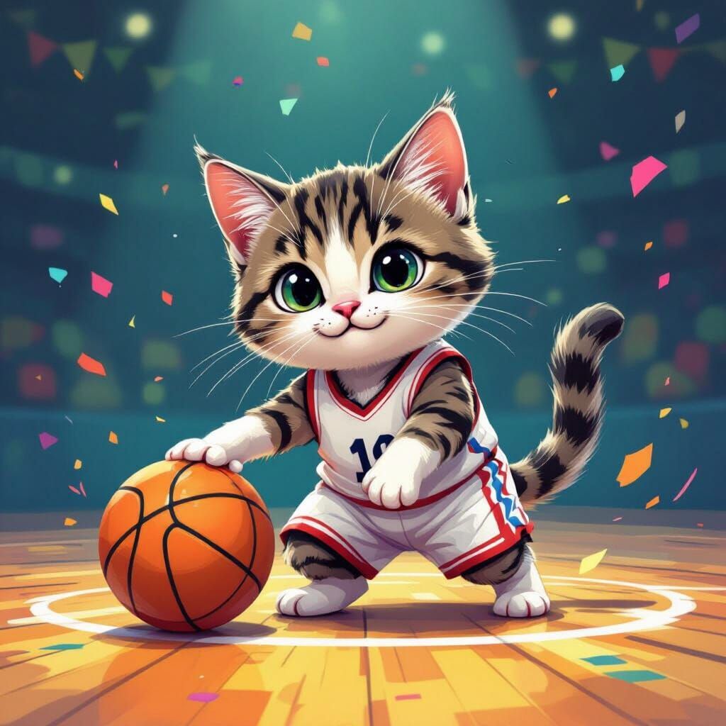 Cat Plays Basketball in Cartoon Style