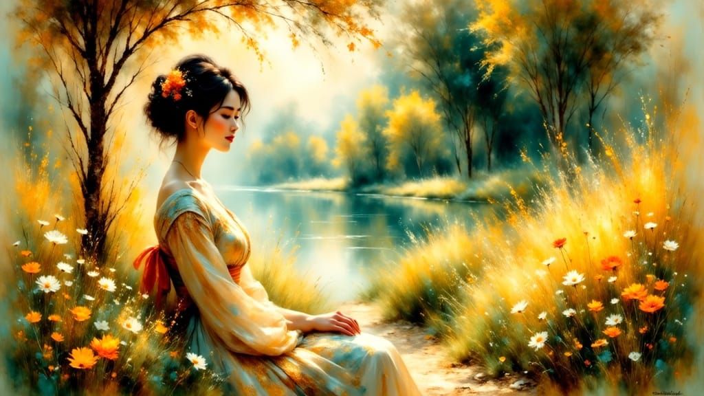 Japanese Woman in Impressionist Garden with Cherry Blossoms