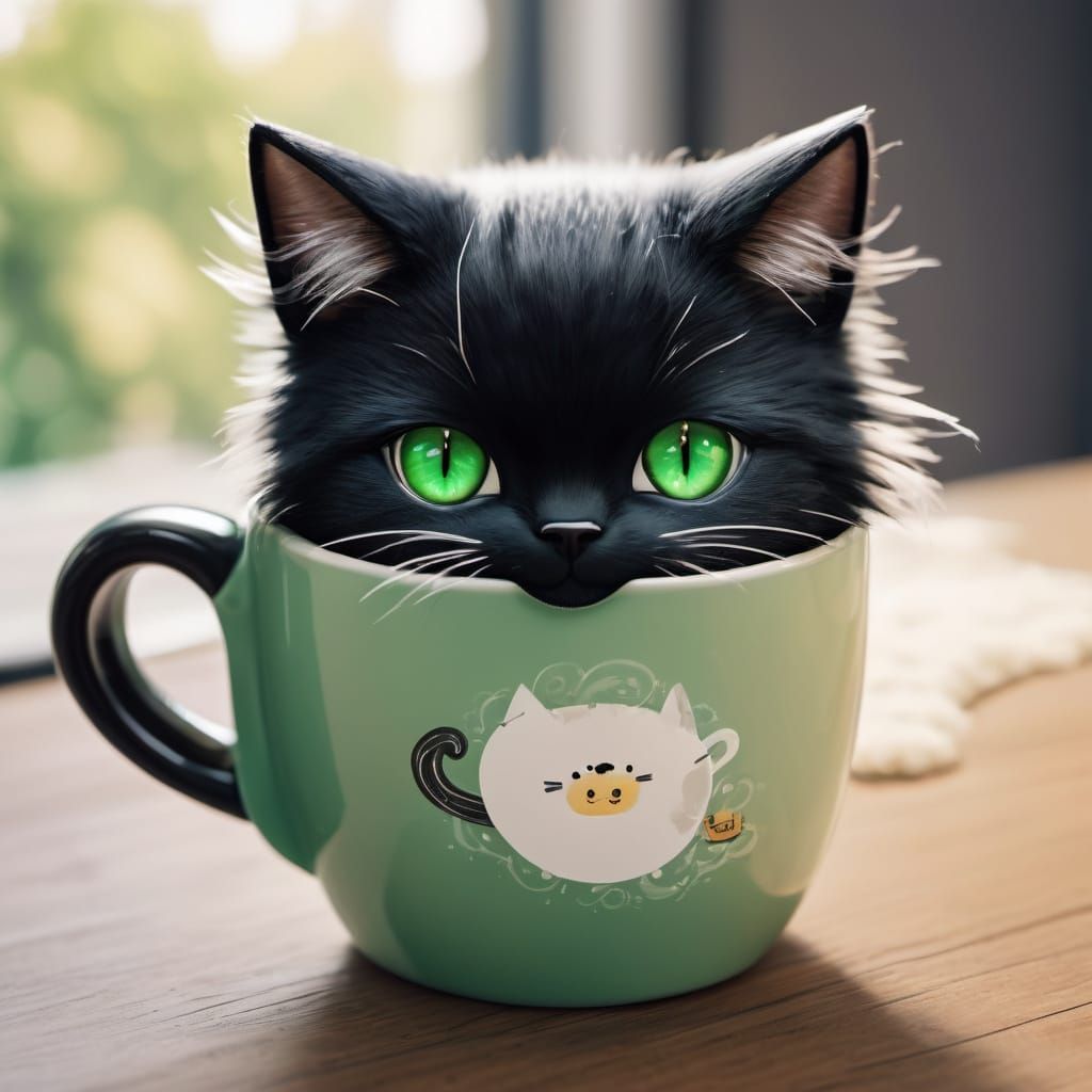 Whimsical Anime Cat Sips Coffee in Warm Golden Light