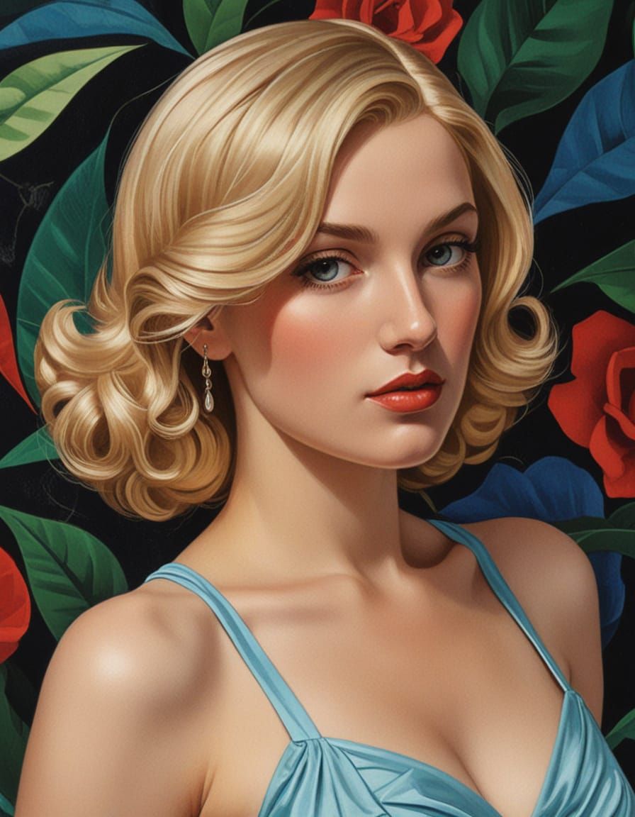 Fauvist Pin-Up Girl on Beach with Art Deco Flair