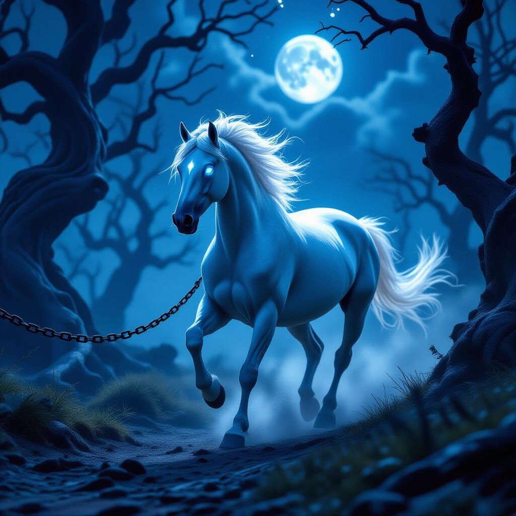 A spectral white horse with glowing ethereal eyes galloping ...