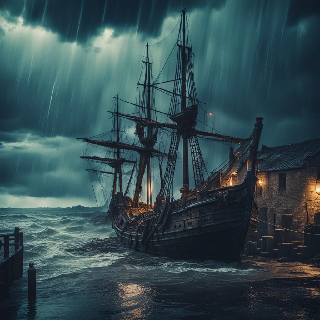 Dramatic Medieval Port Under Stormy Skies