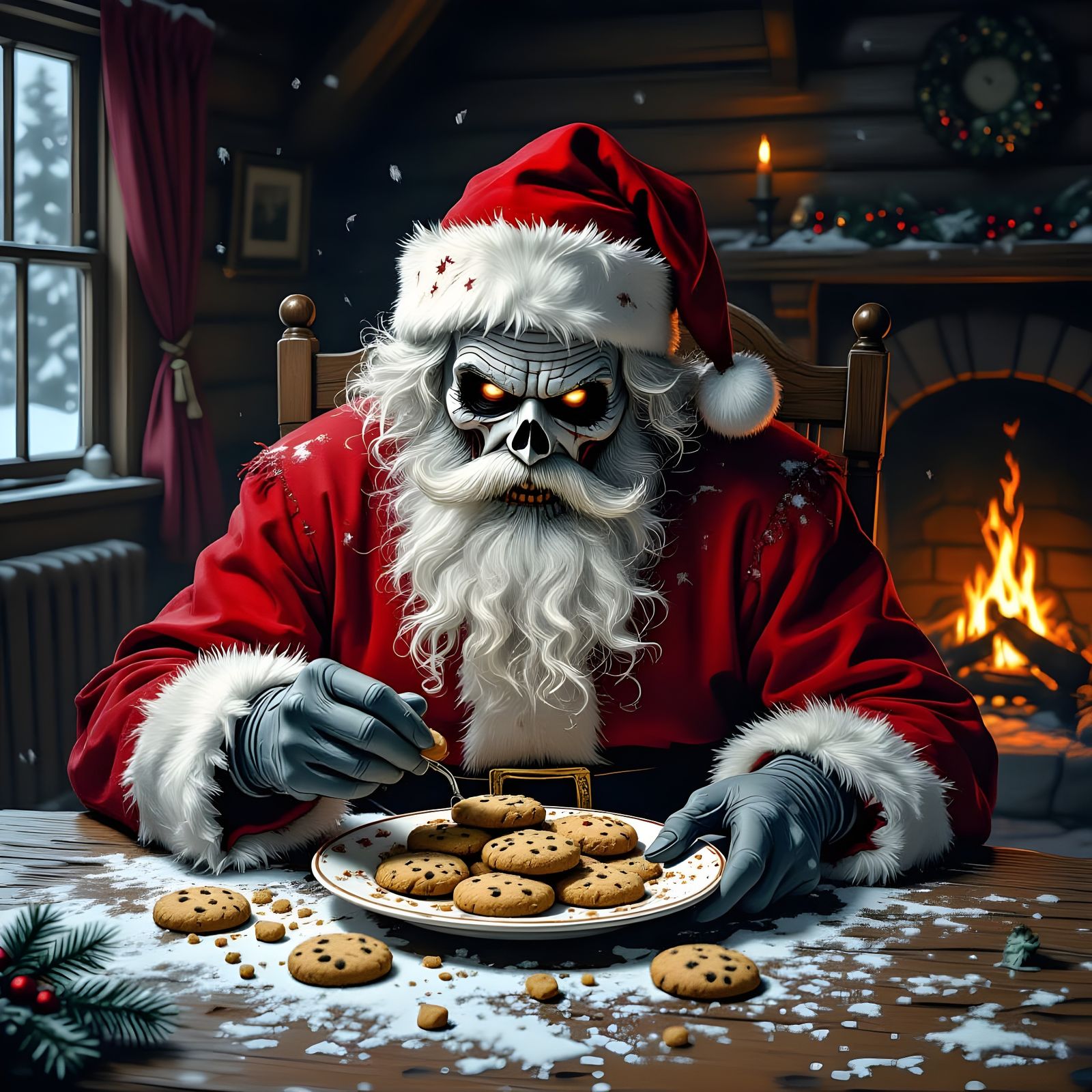 Undead Santa Claus Devouring Christmas Cookies in Gothic Sty...