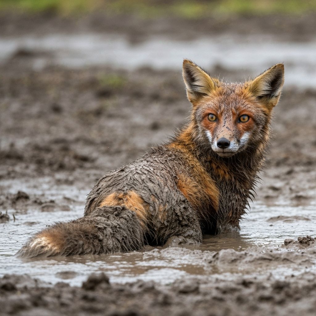 Muddy Fox Emerges from Deep Mud