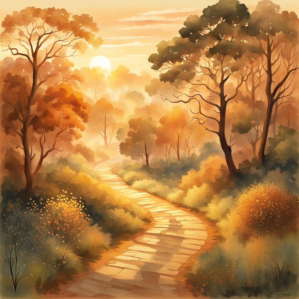 Golden Hour Landscape in Watercolor Style