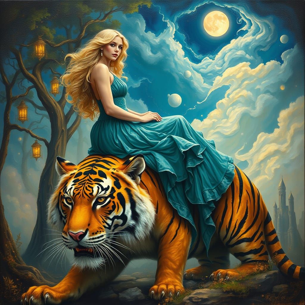 Teal Gown Beauty Seated Upon a Majestic Tiger