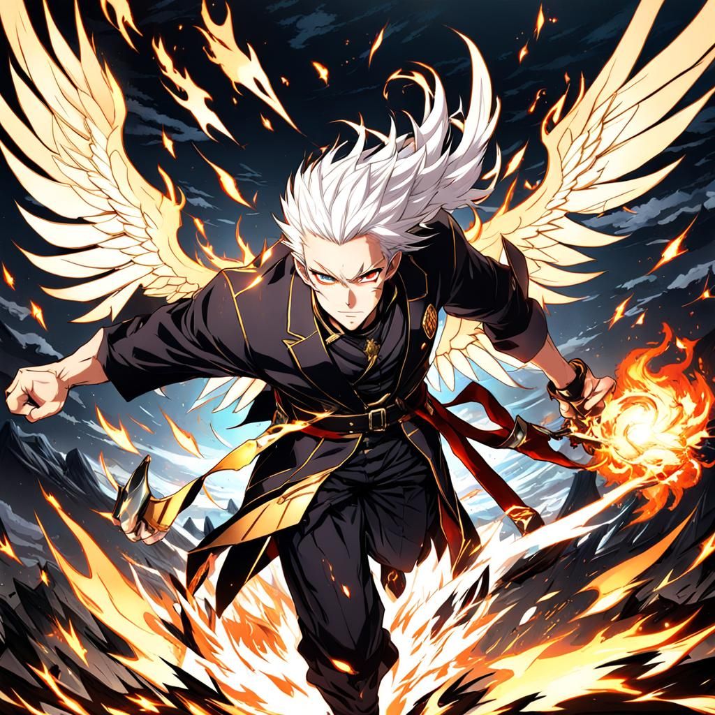 Fierce White-Haired Anime Man with Burning Wings