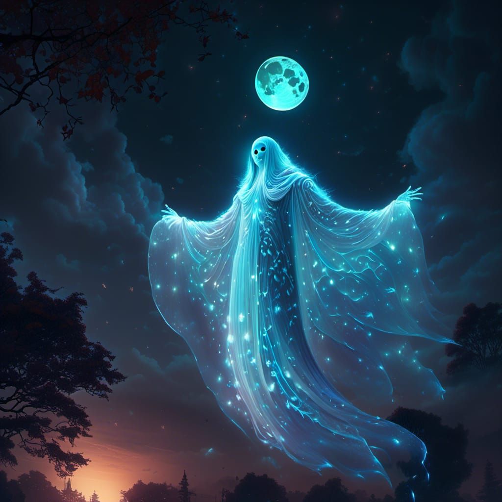 Ethereal Ghost Gazing at Bioluminescent Moon