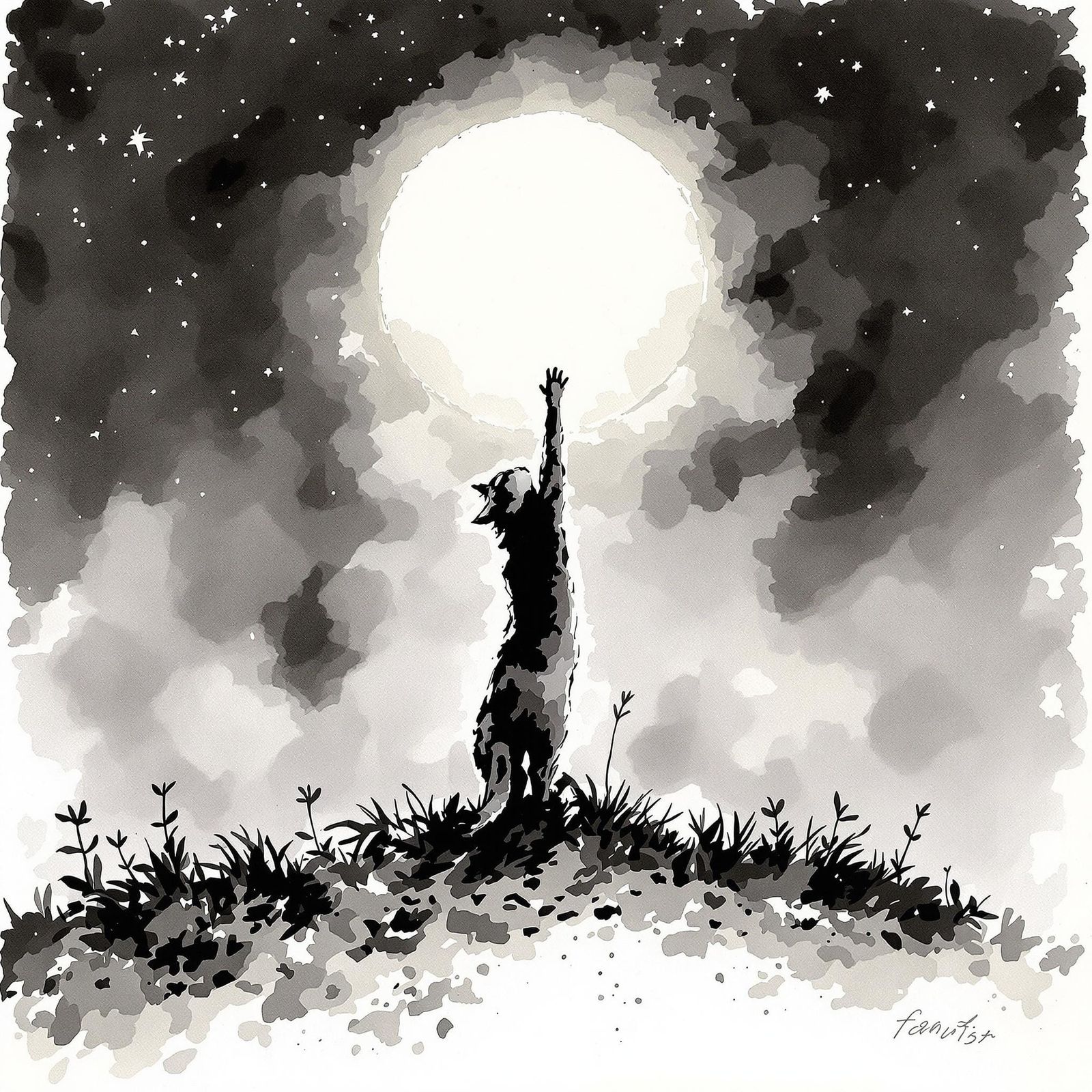 Ethereal Ink Wash: Cat Reaching for the Moon