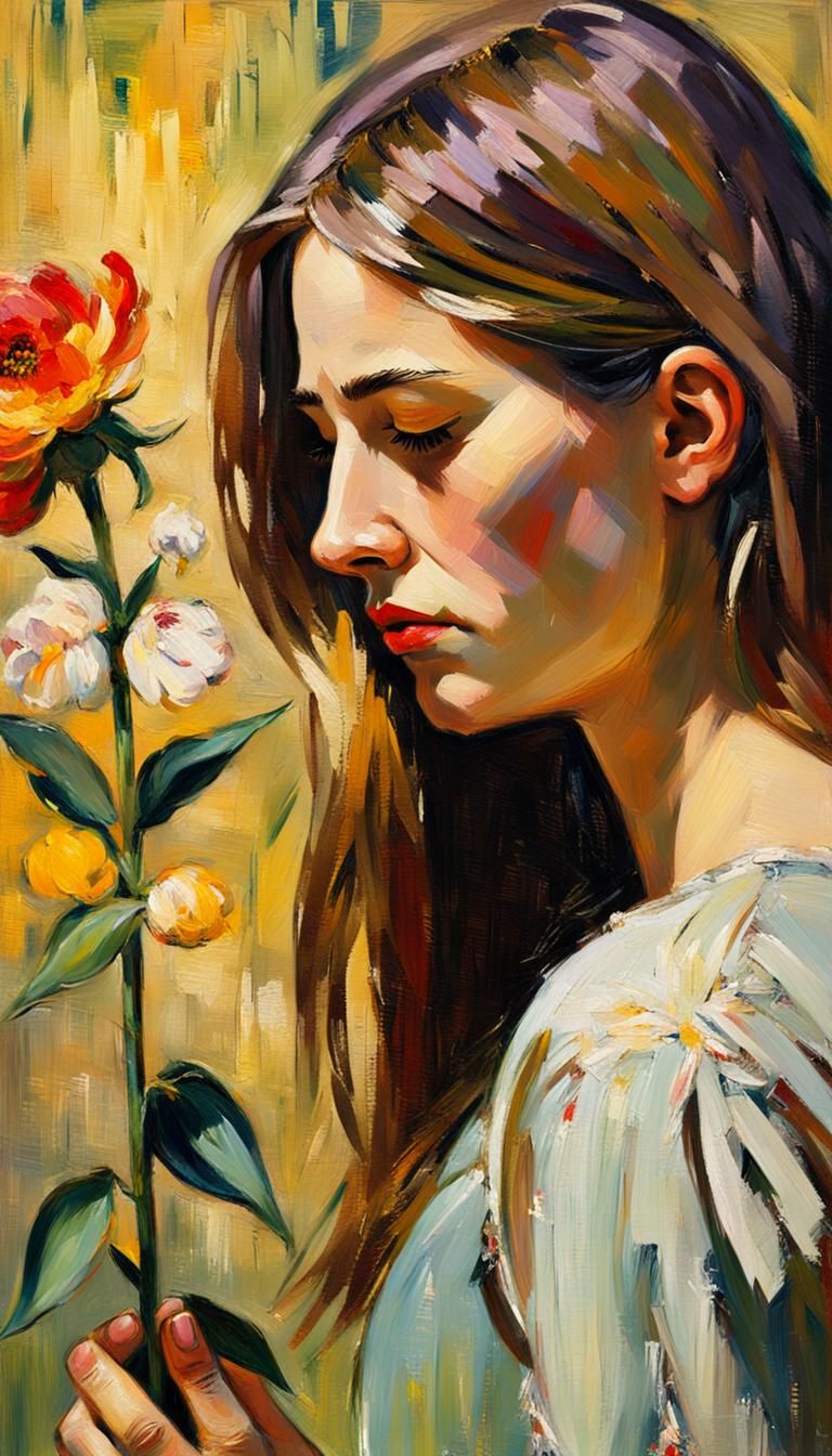 Woman Gazing at Flower as Impressionist Oil Painting