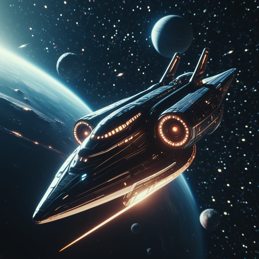 Epic Space Ship Ascent with Glowing Planet