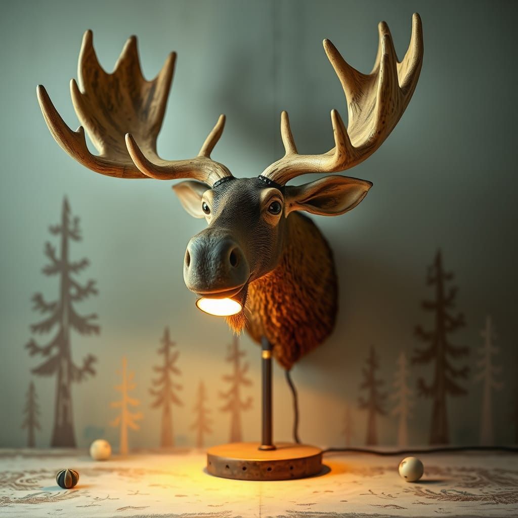Whimsical Moose Head Lamp in Folk-Art Style