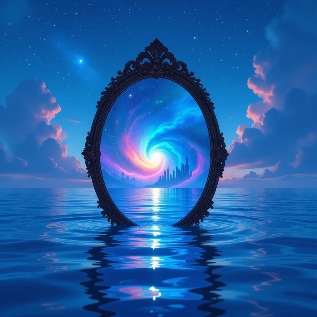 Surreal Mirror Reflects Parallel Universe on Calm Ocean