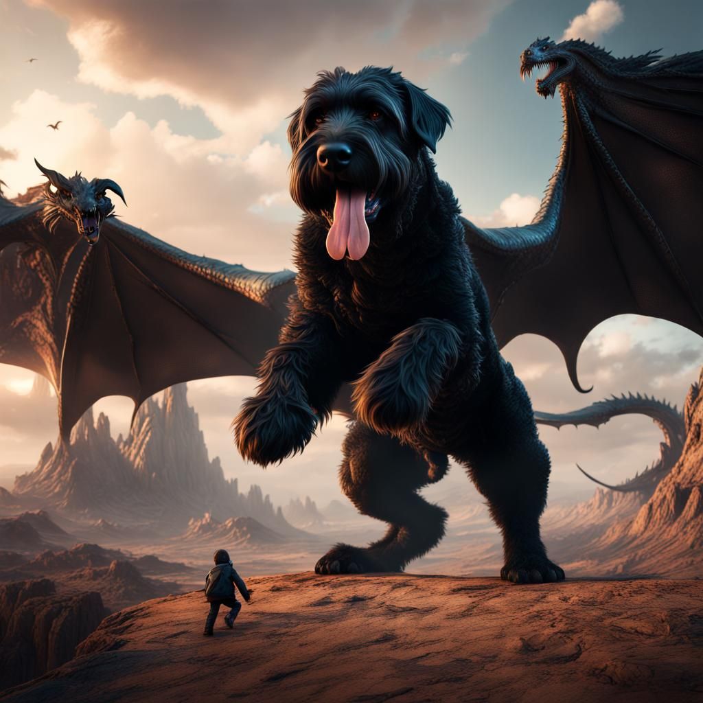 Winged Black Russian Terrier Attacks Dragon