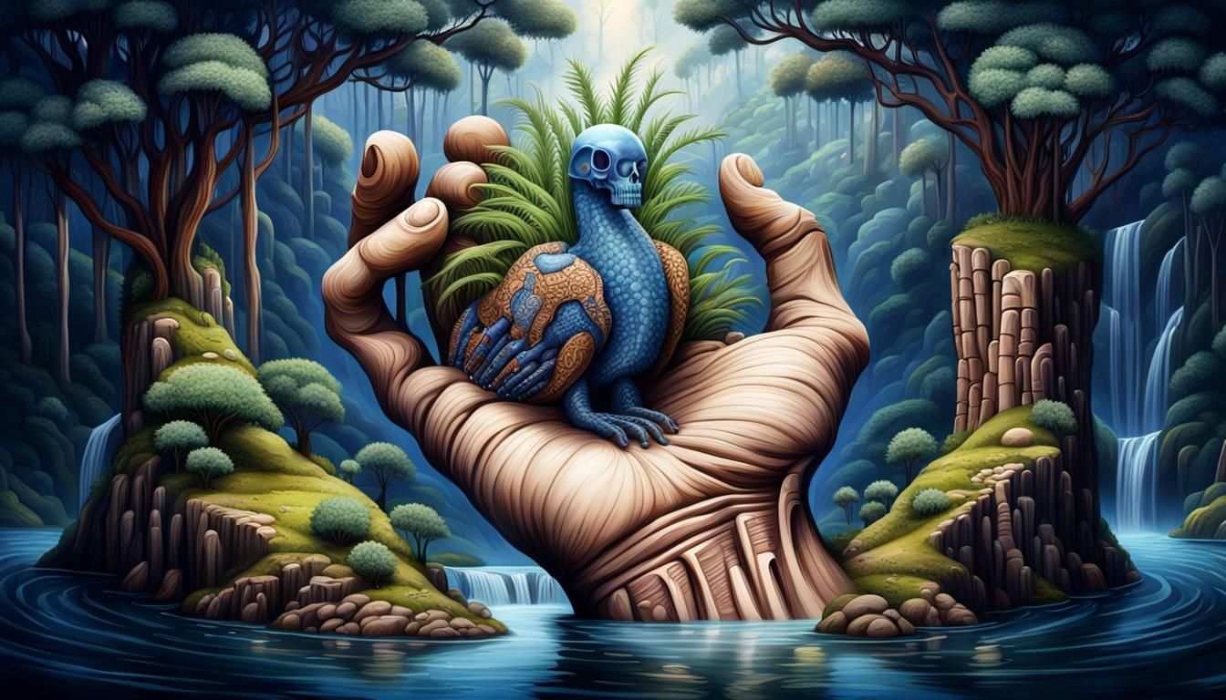 Surreal Giant Hand Landscape with River and Boat