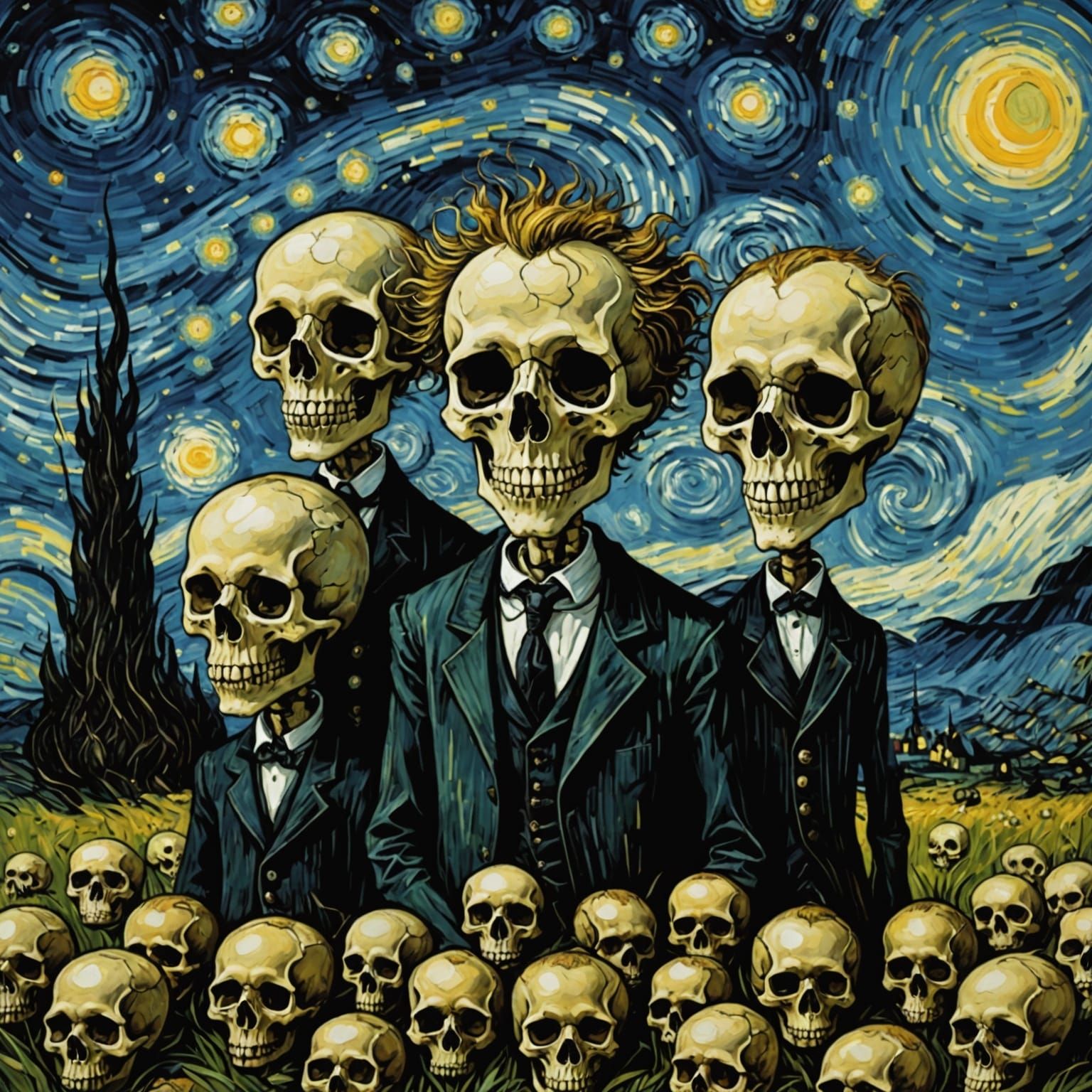 Gothic Van Gogh Skulls in Dark, Whimsical Style