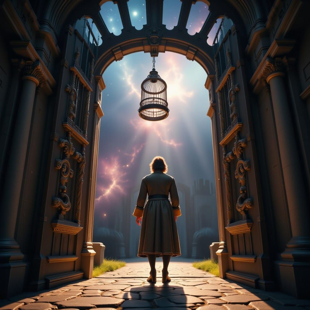 Musketeer Guards Decaying Castle Under Cosmic Sky