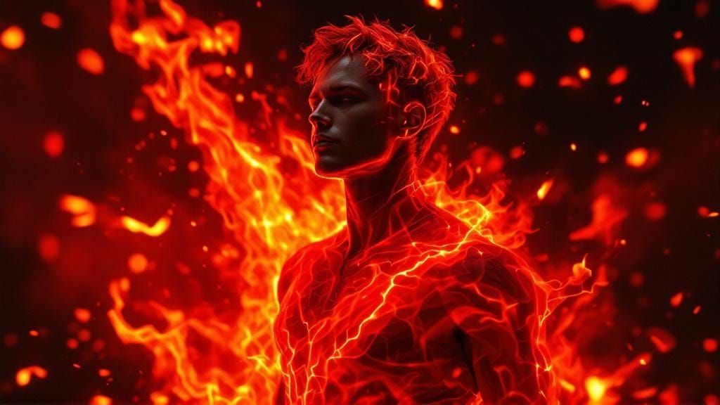 Luminous Cyborg in Fire Flames, Hyperrealistic Digital Art
