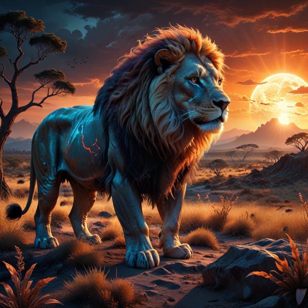 Majestic Lion on Alien Savanna Under Binary Sunset