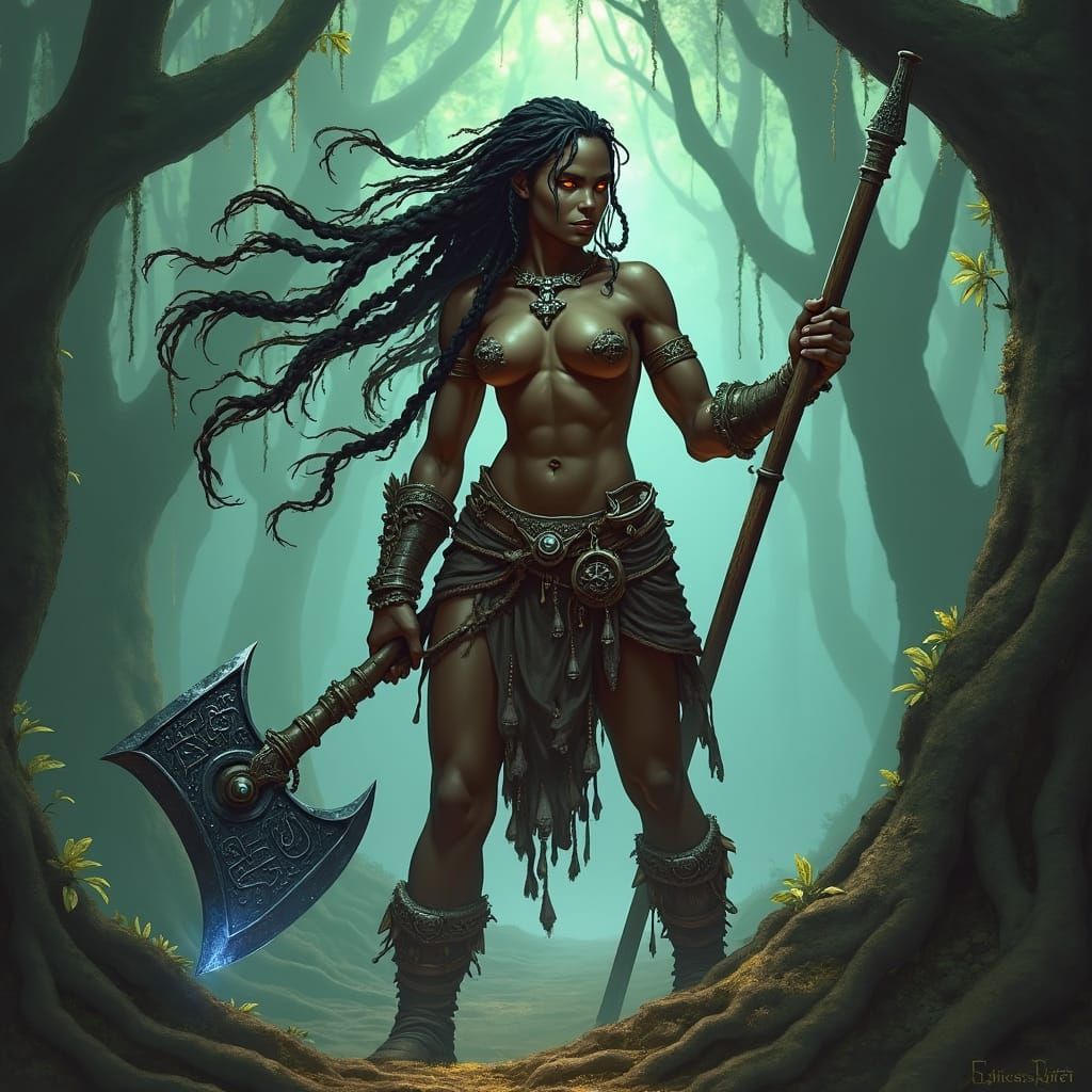 Half-Orc Barbarian Woman in Mystical Forest