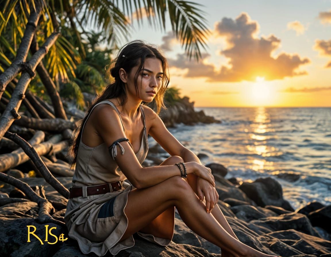 Solitary Woman's Portrait on Island Cliff at Sunset