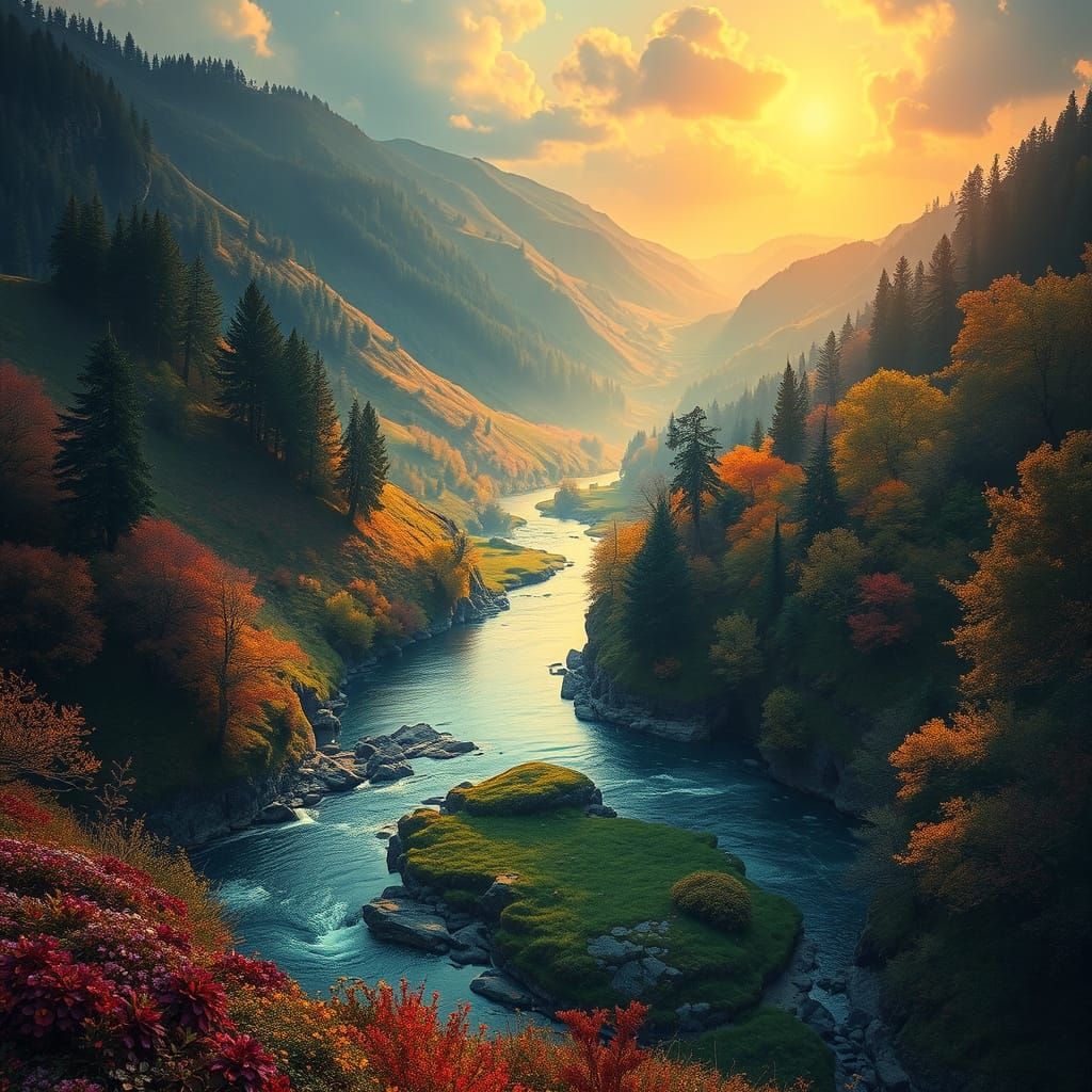 Surreal Landscape of a Winding River in Vibrant Valley