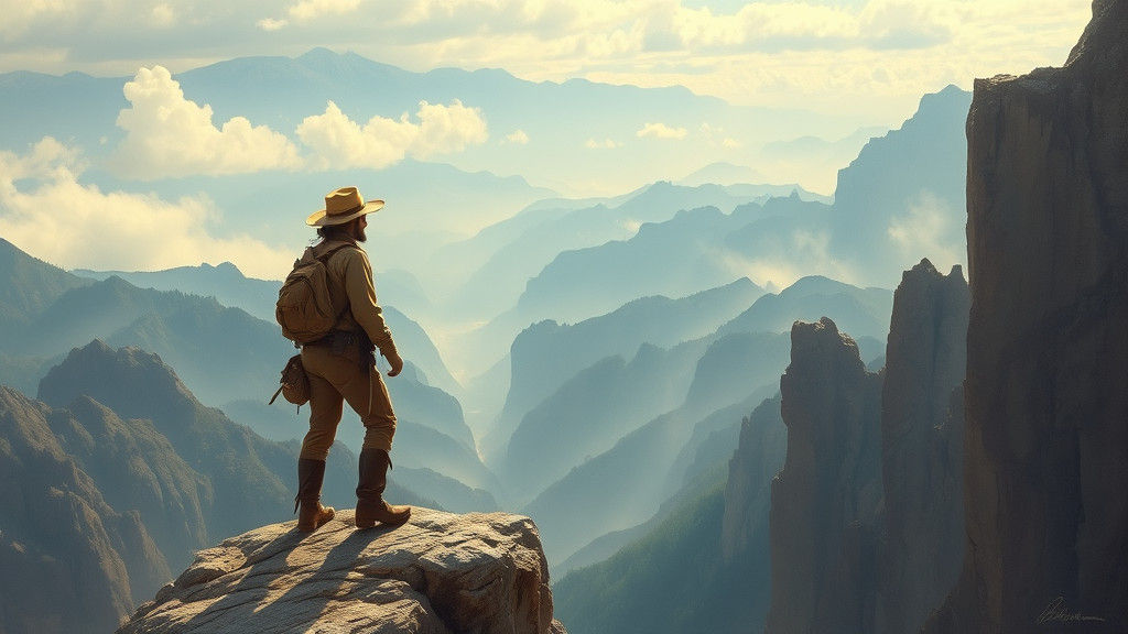 Adventurer at Rocky Cliffside in Hudson River School Style