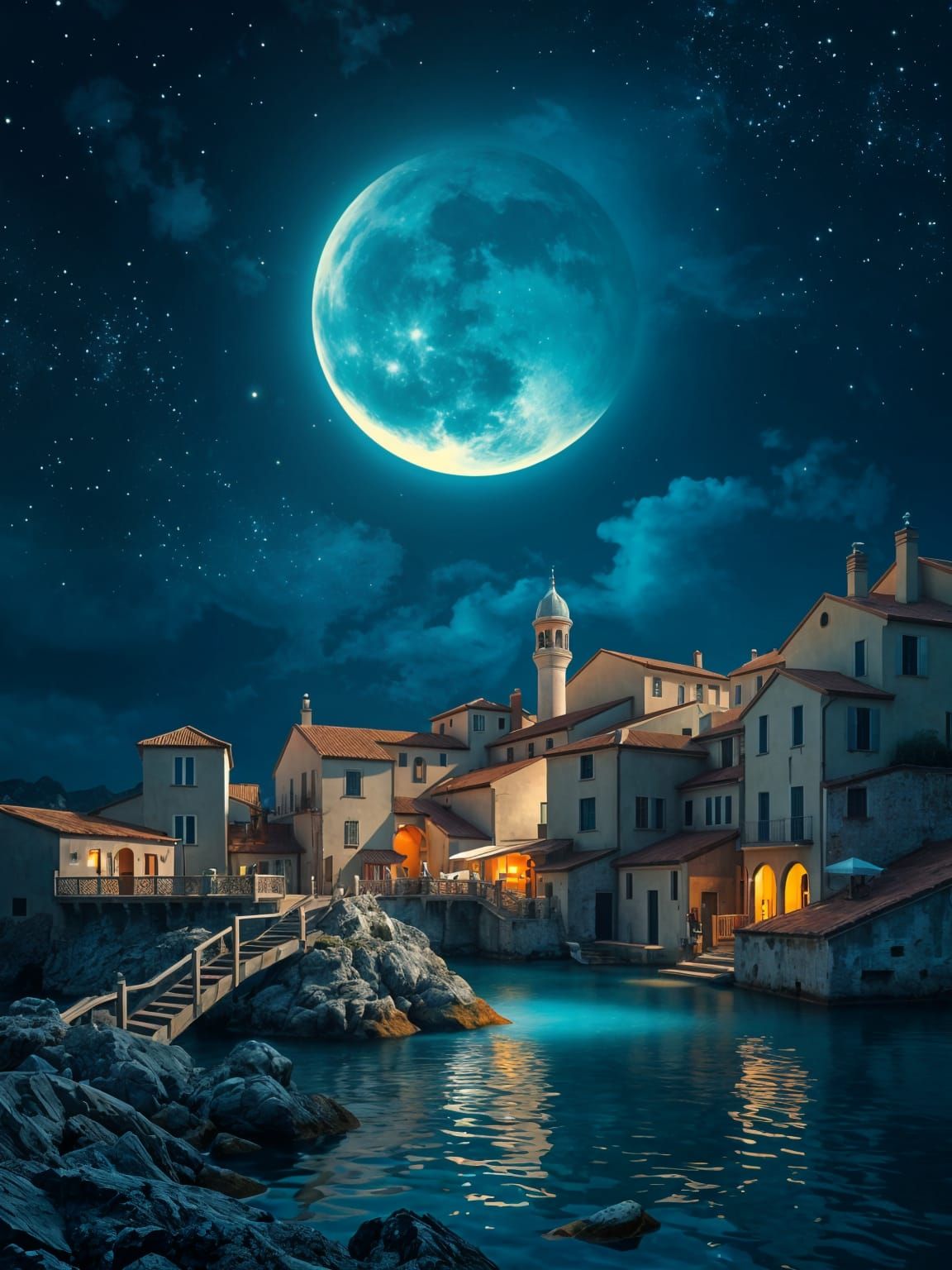 Crescent Moon Over Mediterranean Town, Digital Illustration