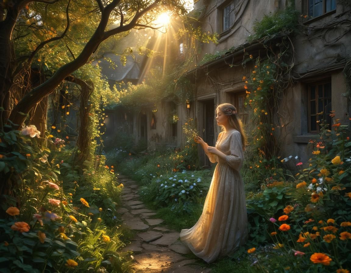 Dreamy Garden in Golden Sunlight: Whimsical Fantasy Art