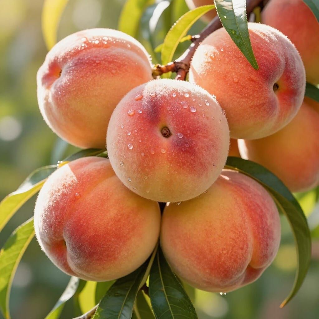 Macro Photo of Ripe Peaches on Boughs in Golden Sunlight